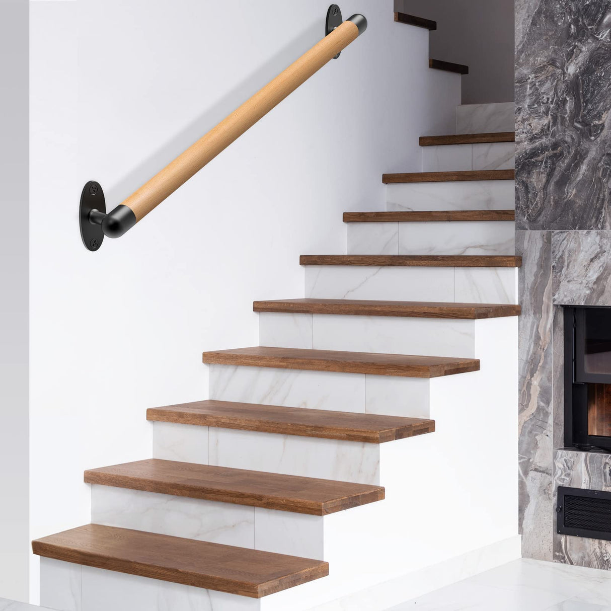 SELEWARE 26 Inch Wood Handrail Indoor Stairs Handrail Wall Mount Handrail w/Sturdy Metal Barckets, Barrier-Free Staircase Grab Bar for Elderly, 1.3 Inch Round SELEWARE