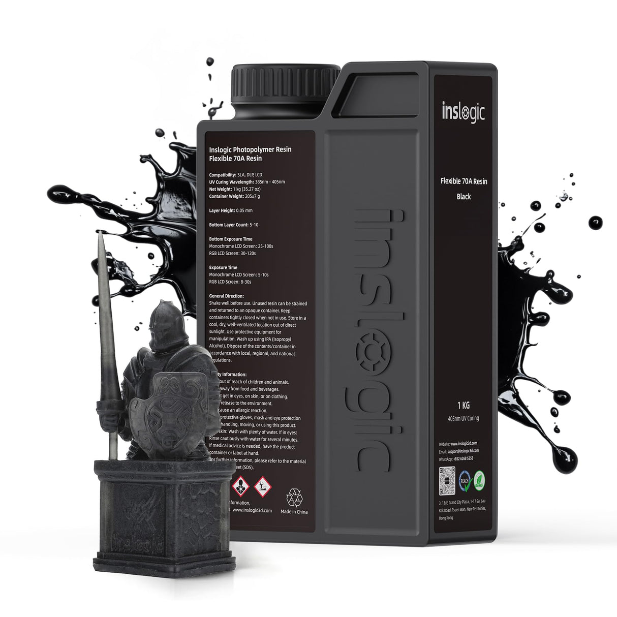 Inslogic Flexible 70A Resin 3D Printer Resin, 1KG 3D Printing Resin for Printing Soft and Flexible Items, Bendable and Not Brittle, Fast Curing 405nm UV Photopolymer Resin, 1KG Black Inslogic