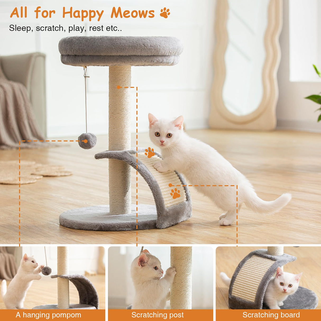 Goozii Small Cat Tree Tower with Scratching Post, Modern Kitten Tower for Indoor Cats, Short Carpet Sisal Cat Scratcher Stand with Large Bed Perch, Scratch Ramp, Toy Ball for Kitty Play (Grey) Goozii