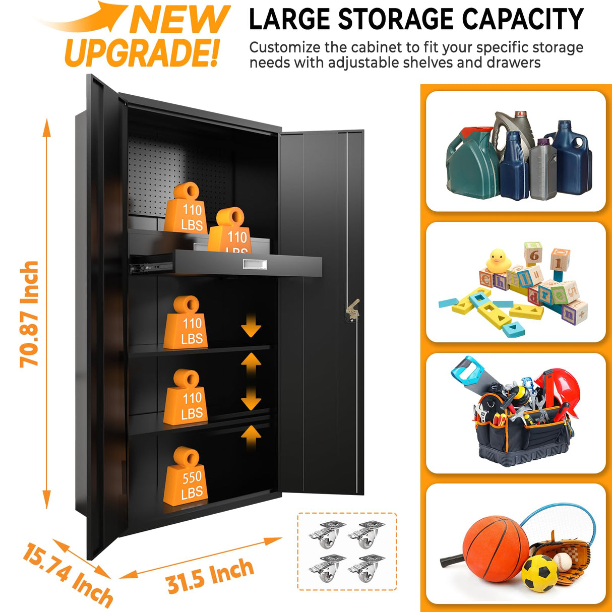 Metal Storage Cabinet with Doors & Adjustable Shelves, 72 Inch Black Lockable Garage Cabinet with Wheels & Drawers & Pegboard for Office, Gym, Basement, Warehouse basenji