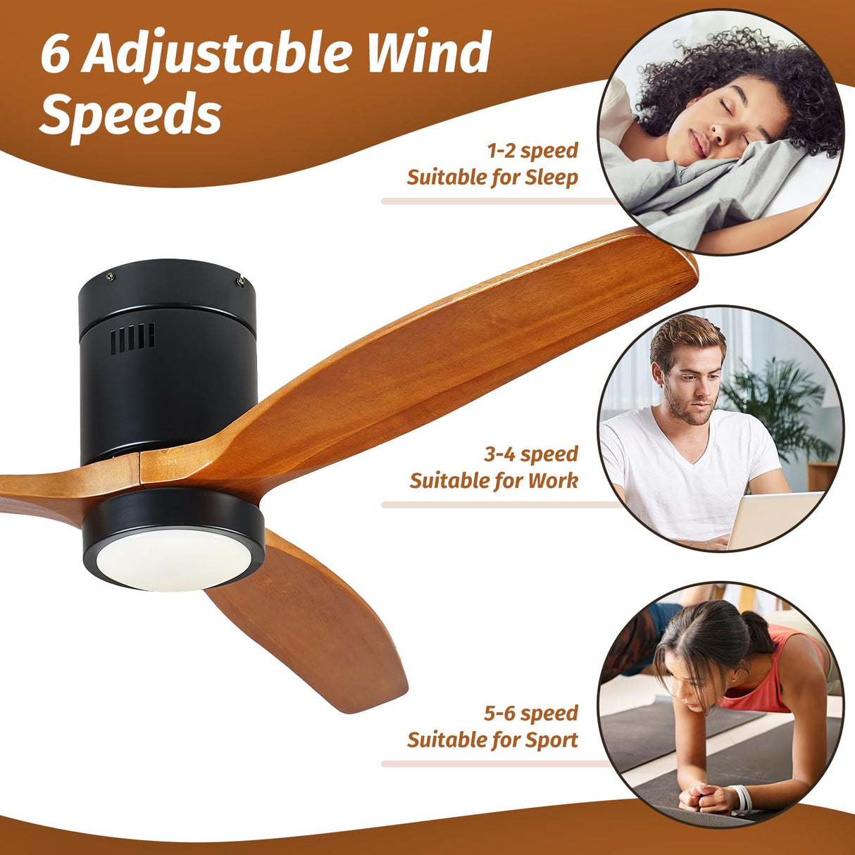 KAPOEFAN 52 Inch Flush Mount Wood Ceiling Fan with Lights, Low Profile Ceiling Fan with Light and Remote Control, Outdoor Wooden Fan DC Motor 6 Speeds 8H Timer for Farmhouse Patio KAPOEFAN