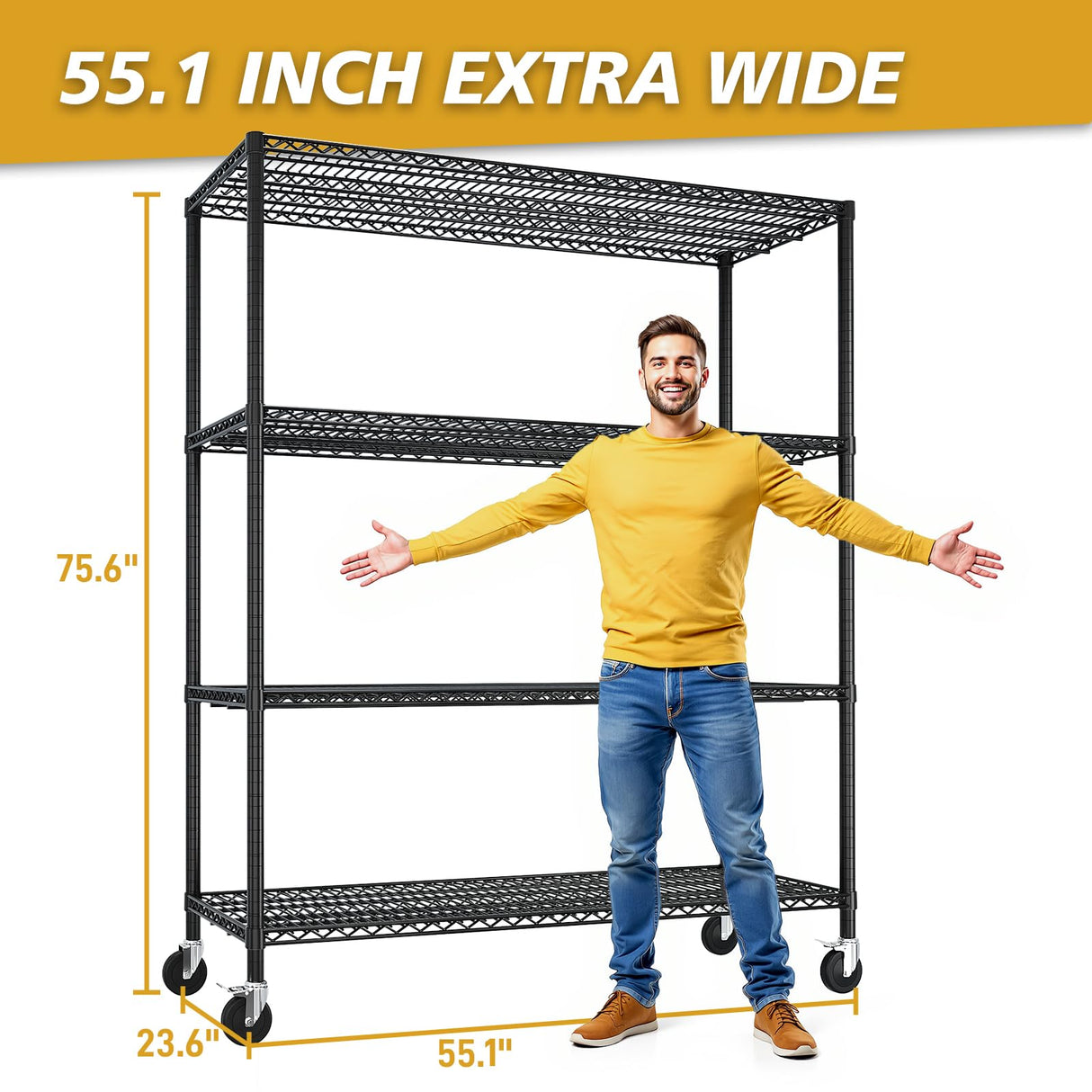 2500LBS Metal Storage Shelves 55"W Wire Shelving Unit with Wheels 4-Tier Wire Shelving Rack Commercial Adjustable Garage Shelving Heavy Duty Storage Rack for Pantry, Kitchen (4-Tier, 55''x24''x76") RenwDong