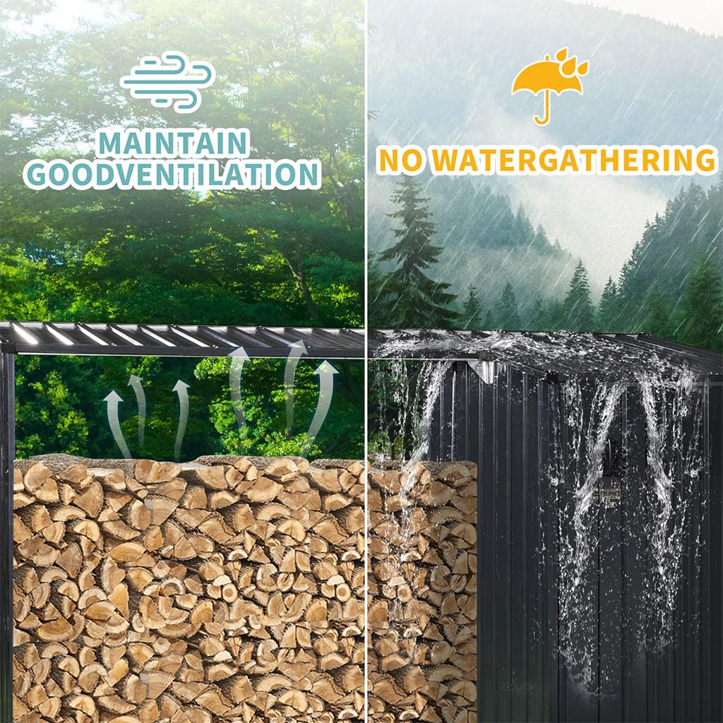 CWKISS 2-in-1 Outdoor Garden Storage Shed with Firewood Rack, Heavy Duty Galvanized Steel Tool Shed with Sloped Roof, Weather-Resistant Backyard Storage for Tools, Equipment & Firewood CWKISS