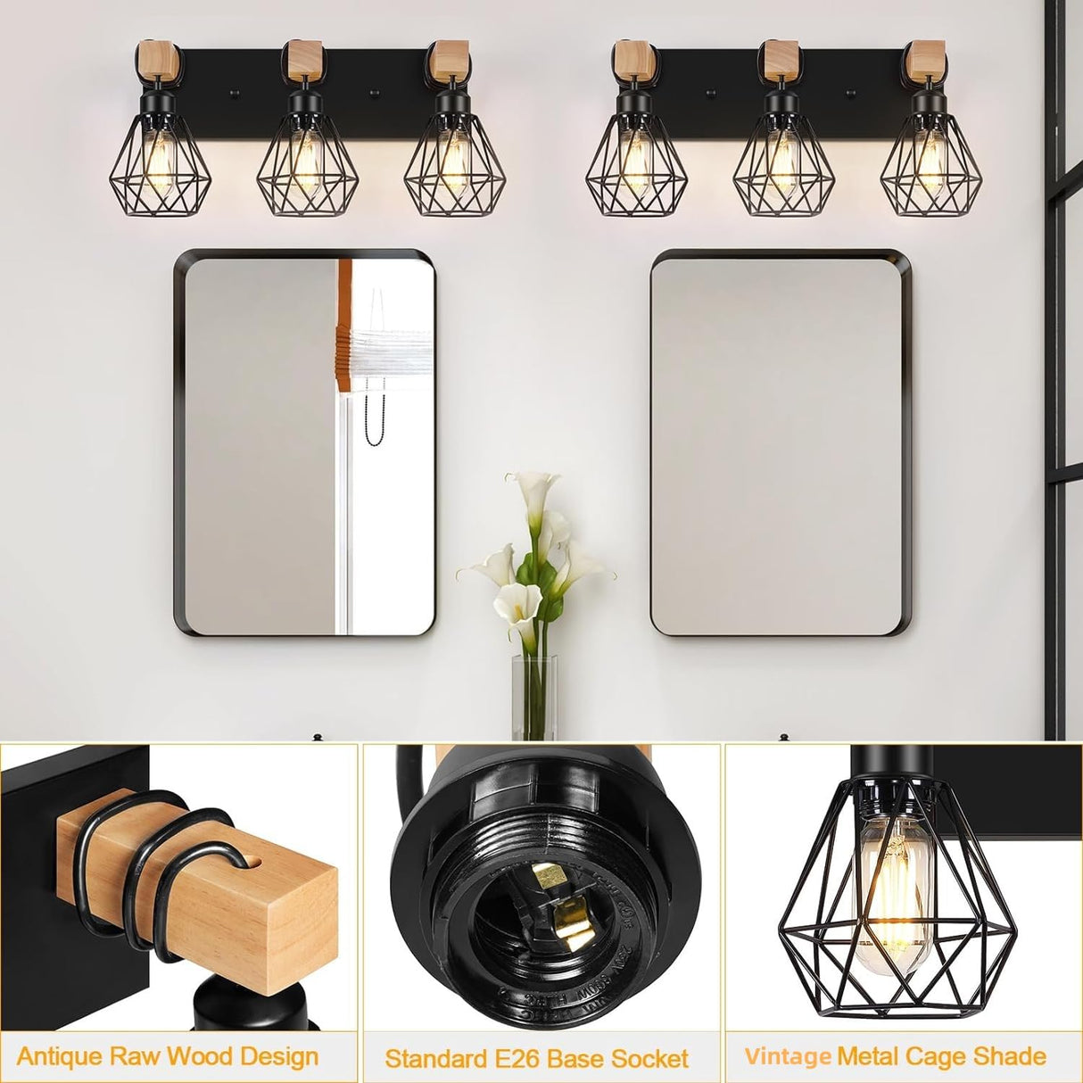 FadimiKoo 3-Light Farmhouse Bathroom Vanity Light Fixtures, Wood Bathroom Lighting Over Mirror, Black Vanity Lights with Metal Lampshade, Vintage Wall Light Fixtures for Bedroom, Living Room, Hallway FadimiKoo