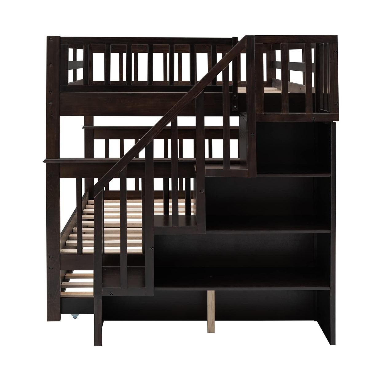 MERITLINE Wooden Bunk Bed Frame, Full Over Full Bunk Bed with Trundle, Bunk Beds with Stairs Full Size, Trundle Bunk Beds, Convertible Bunk Bed for Kids(Espresso) MERITLINE