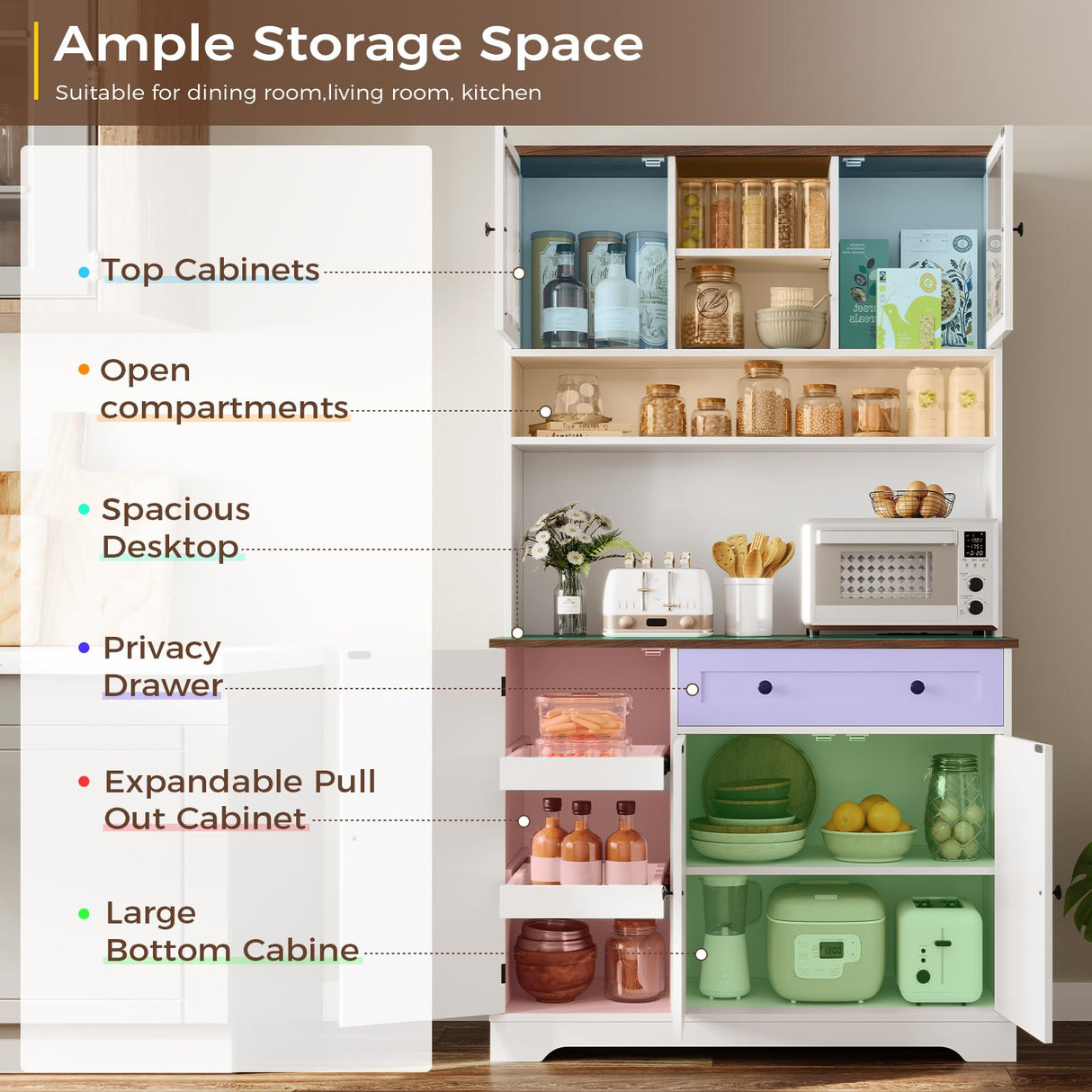 Hasuit 71.6" Tall Kitchen Pantry Storage Cabinet, Modern Kitchen Hutch Cabinet with Doors and Shelves, Freestanding Food Pantry with Large Storage Drawer for Dining Room, Living Room, White Hasuit