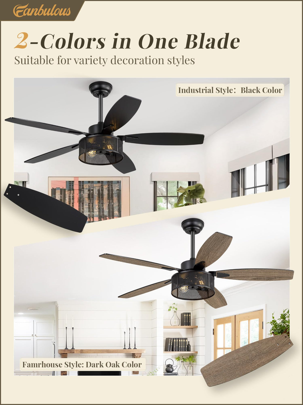 52 Inch Farmhouse Ceiling Fan with Light and Remote, Black Industrial Caged Ceiling Fans Flush Mount, 5 Dual Finish Blades, 6-Speed Reversible Quiet DC Motor, Rustic Design for Bedroom, Living Room Fanbulous