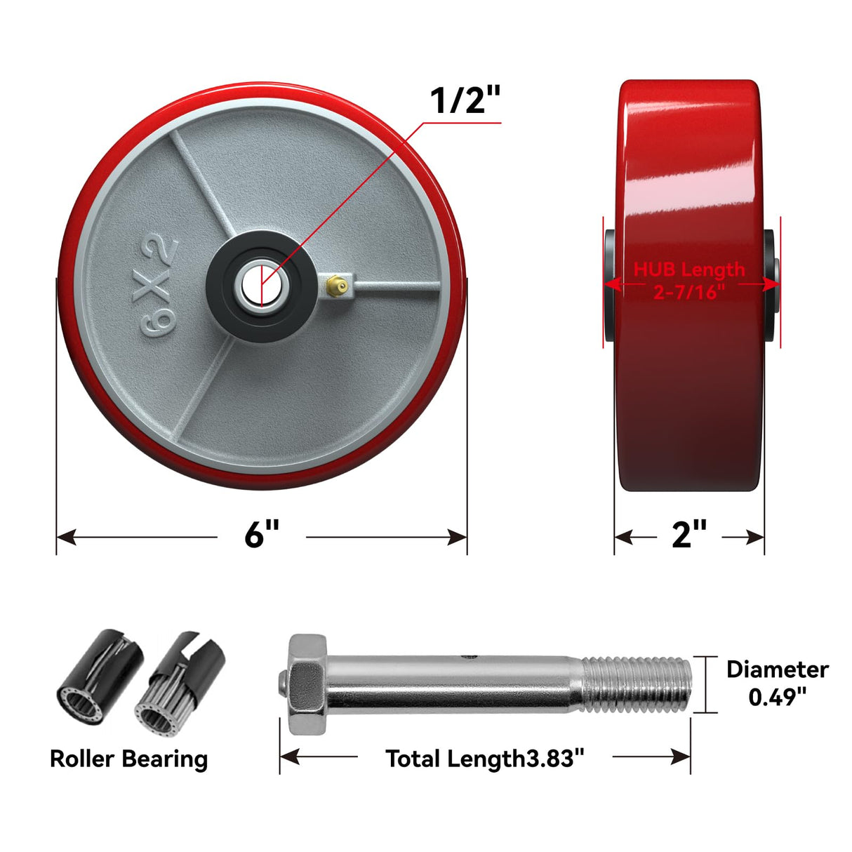 LONGRUNFORU 6" x 2" Polyurethane on cast Iron Wheel, Roller Bearing-1/2" Bore, Set of 4 Heavy Duty Caster Wheels with 4800 lbs Capacity (4 Pack) LONGRUNFORU