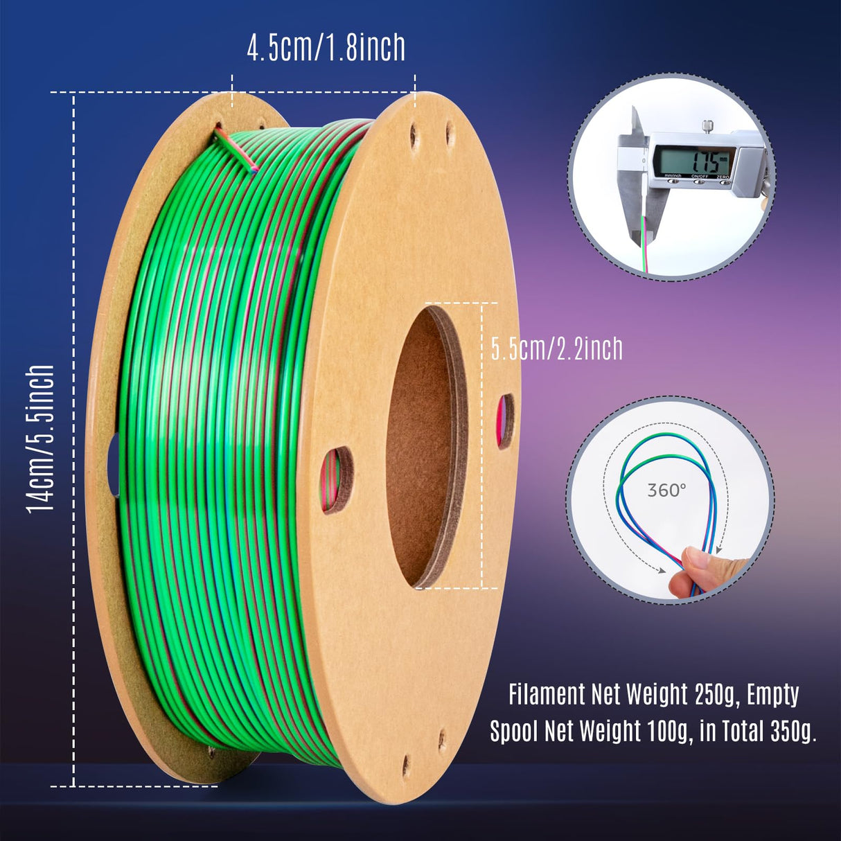dikale Silk Triple Color PLA+ 3D Printer Filament 1.75mm, No Tangle Shiny Filament Net Weight 250g Spool (0.55lbs), 3-in-1 Silk PLA Pro Plus, Rose Red+Sky Blue+Green dikale