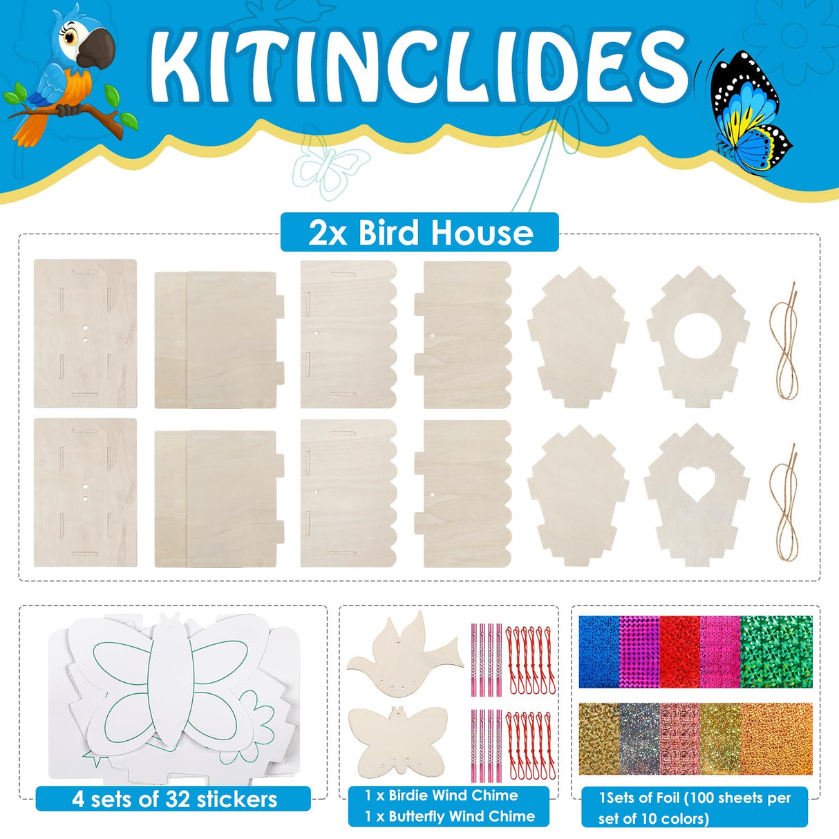 Kids Crafts for Ages 6-14, 2 Pack Montessori Bird House/Foil/Wind Chime/Stickers, Genius Designer DIY Birdhouse Wooden Art Set, Idea Birthday for Girl Boy Children 6 7 8 9 10 Year Old Jamboa