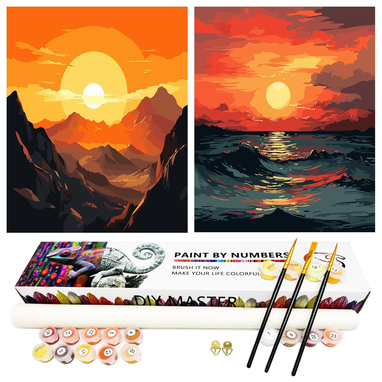 ZXQL 2 Pack Sunset Lake Mountains Paint by Numbers Kit for Adults Beginners, 16" W x 20 L Paint by Numbers for Adults Rolled up Canvas for Painting Home Decor Creative Wall Art with Nice Gift Box ZXQL
