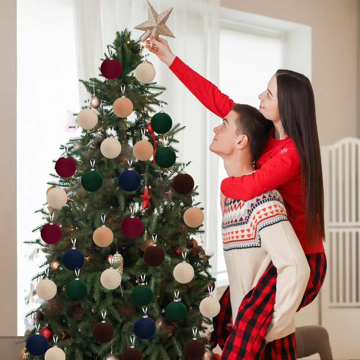 12pcs Christmas Tree Hanging Ball Decoration 2.4Inch Velvet Christmas Ornaments Balls Flocked Shatterproof Plastic Xmas Tree Ball for Party Holiday Wedding Home Decor (1, Burgundy, 12PCS) Maritown