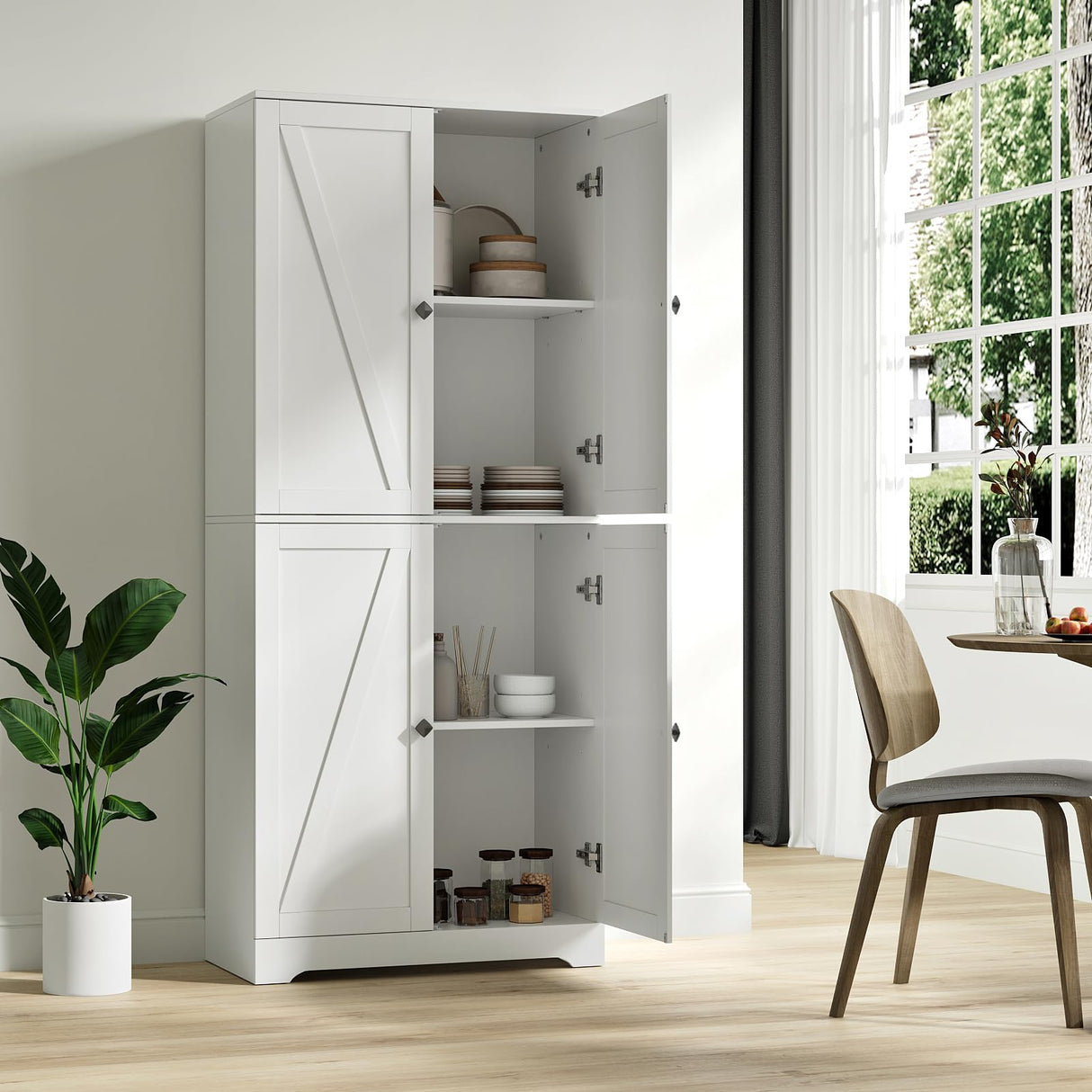 NOVAMAISON Kitchen Pantry Cabinet, 72” Tall Farmhouse Storage Cabinet with 4 Barn Doors and Adjustable Shelves, Pantry Cabinet Versatile Storage for Kitchen, Living Room, White NOVAMAISON