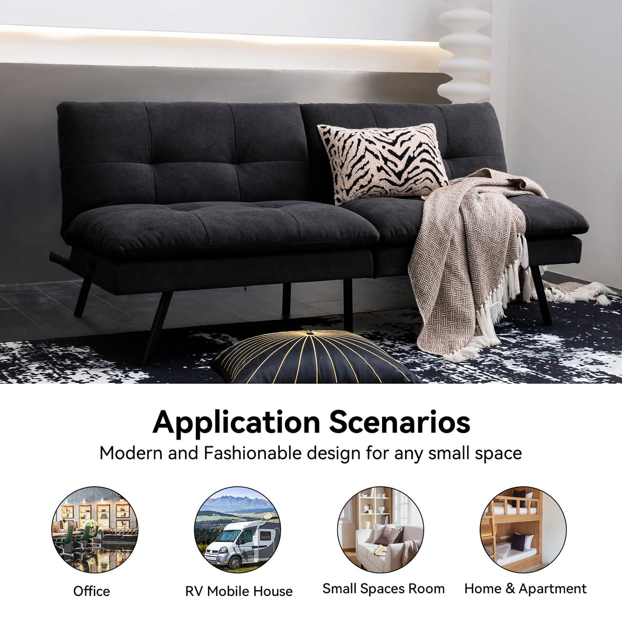 Hcore Polyester Memory Foam Convertible Futon Sofa Bed, Small Splitback Loveseat, 68" L x 32.3" W x 30.7" H, Black Hcore