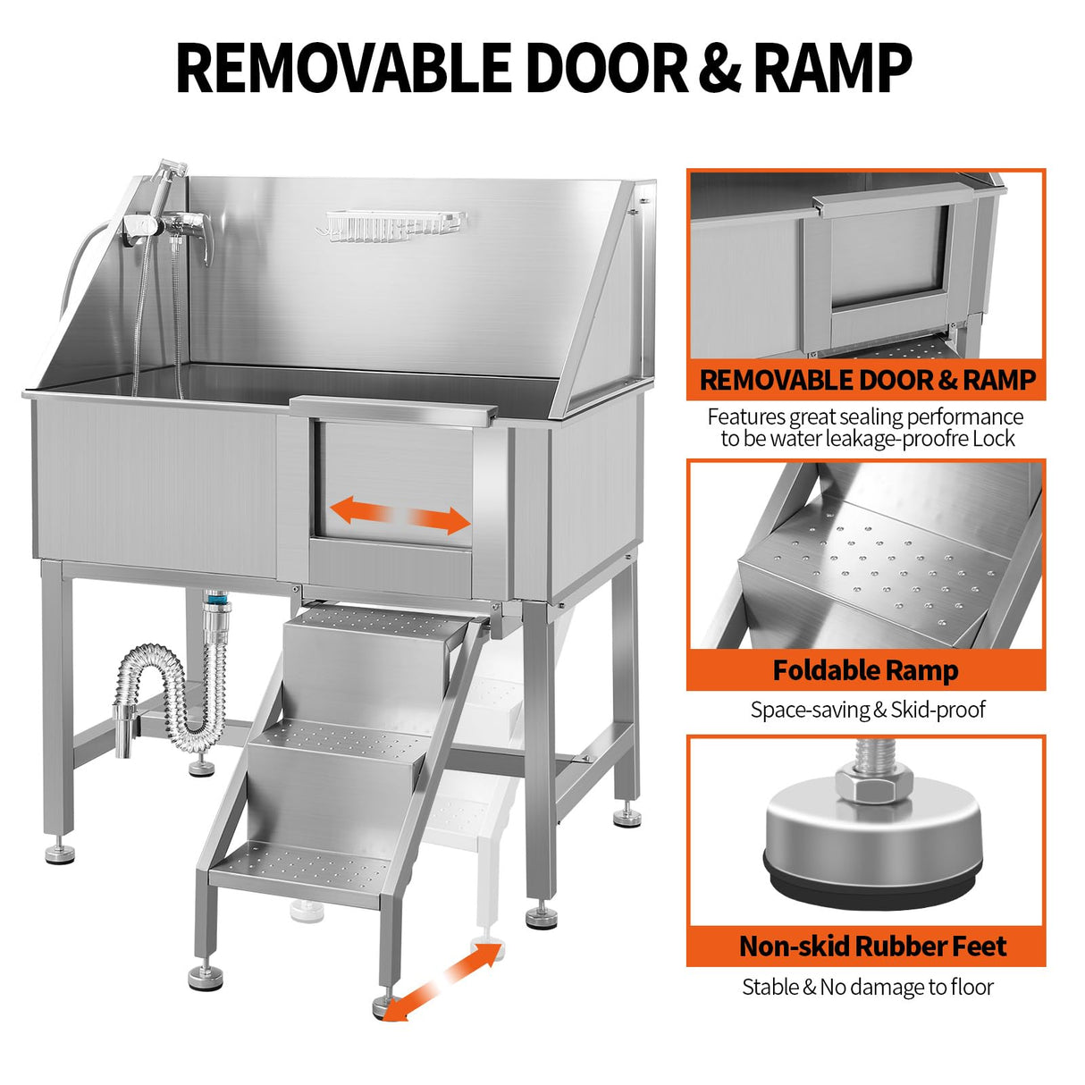 38" Dog Washing Station Large Dogs Grooming Tub Professional Stainless Steel Dog Bathtubs Bathing Tub Pet Washing Station for Home with Steps,R-Door RIGMEC
