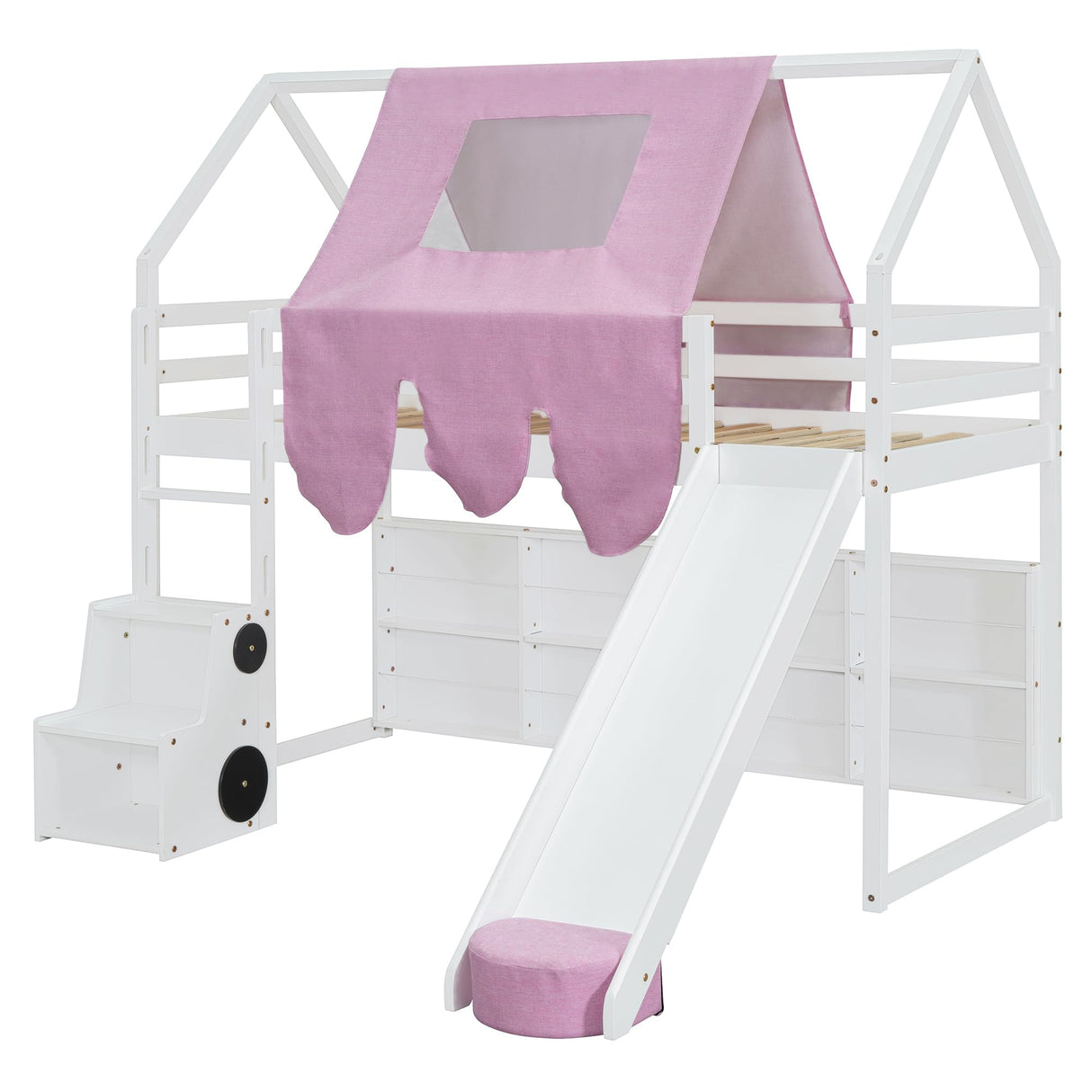 SOFTSEA Twin House Loft Bed with Stairs and Slide, Wooden House Loft Bed with Storage Shelves, Stairway Playhouse Bed with Roof Tent and Ladder for Kids Boys Girls, No Box Spring Needed, Pink White SOFTSEA