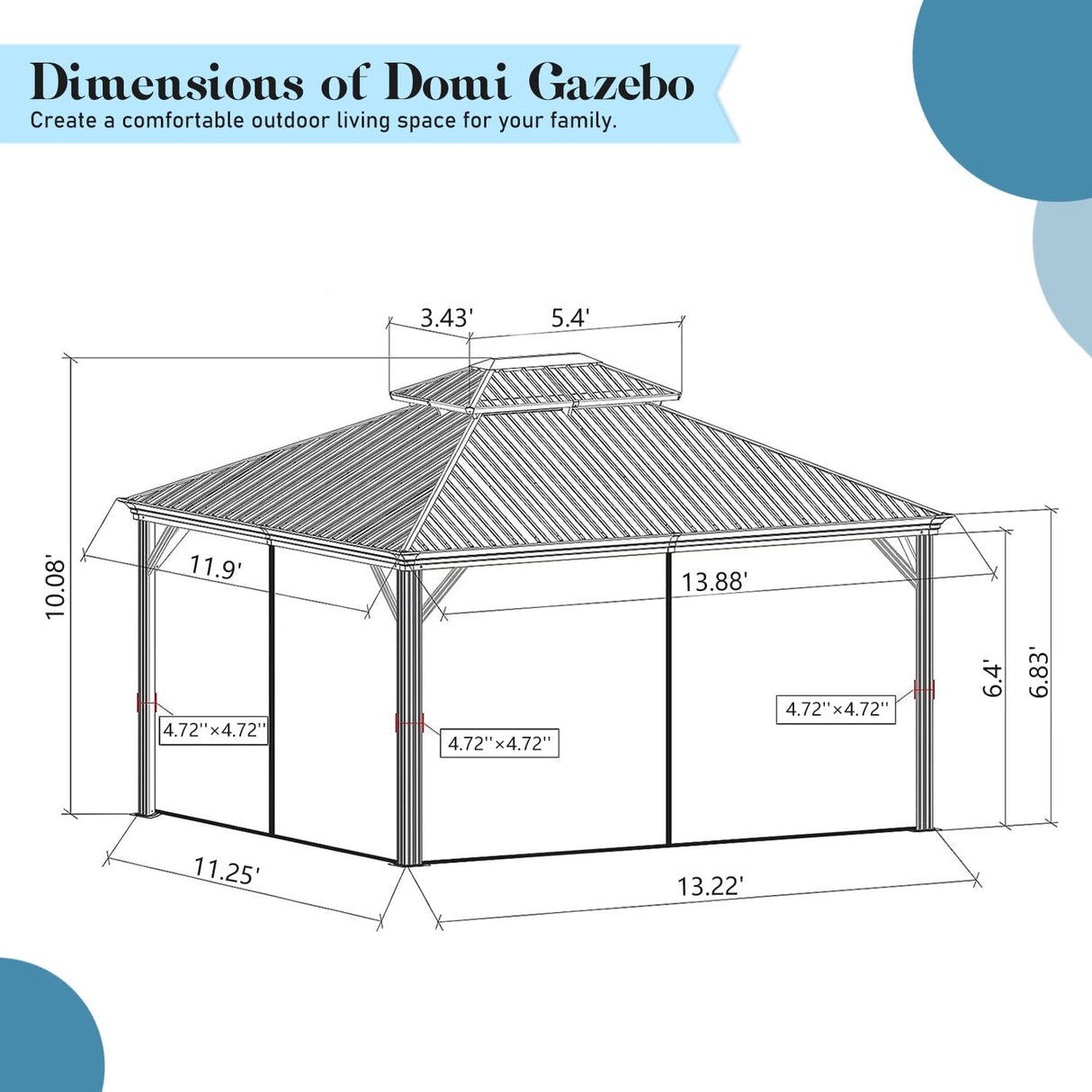 Domi Hardtop Gazebo 12x14FT, Outdoor Gazebo with Galvanized Steel Double Roof, Aluminum Frame, Built-in Gutter System, Curtain and Netting, Metal Gazebo Pavilion for Patio Deck Garden, Grey domi outdoor living