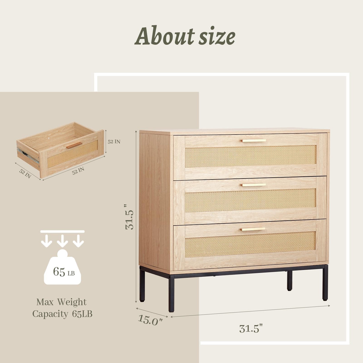 CCF Rattan Dresser 3 Drawer Dresser for Bedroom Mid Century Modern Dresser Natural Rattan Chest of Drawer Light Wood Dresser Boho Dressers for Entryway,Bedroom,Living Room,,Hallway,31.5'*31.5'*15' CCF