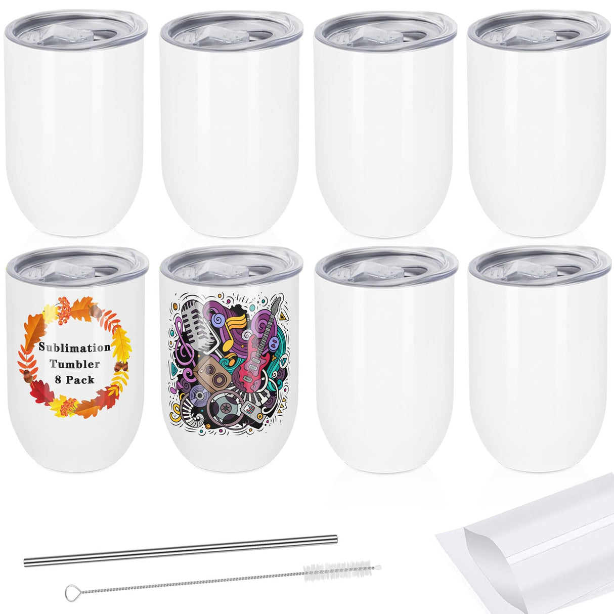 Draheri 12 Oz Sublimation Wine Tumblers Blanks Bulk, Stainless Steel Double Wall Insulated Sublimation Cups, Sublimation Mugs with Straw and Straw Brush, Individually Boxed (8 Pack) Draheri