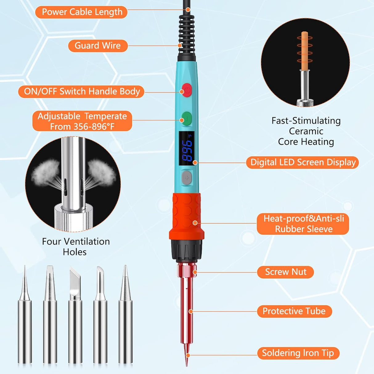 Soldering Iron Kit, 90W LED Digital Soldering Gun kit with Ceramic Heater, 110V Adjustable Temperature Solder Welding Iron Kits, Auto-sleep, Thermostatic Design, Blue Q-MING