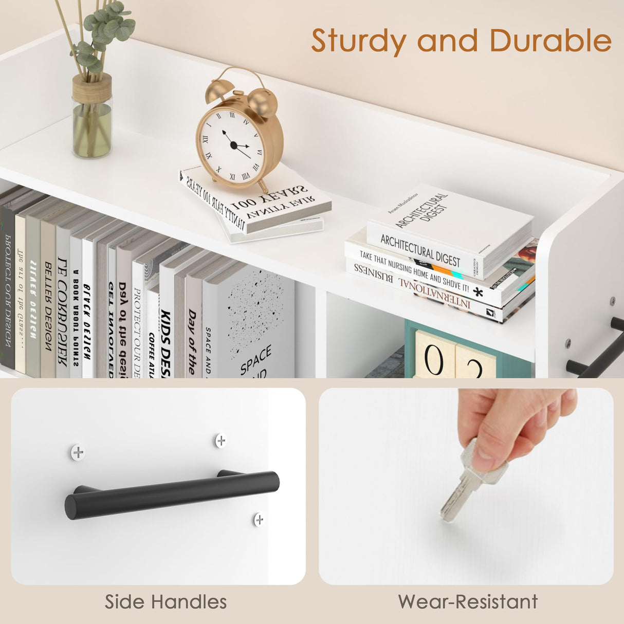 VECELO 3-Tier Bookshelf, Bookcase with Adjustable Storage Shelves, Wood with Lockable Wheels, 25.6 Inch High, for Home Office, White VECELO