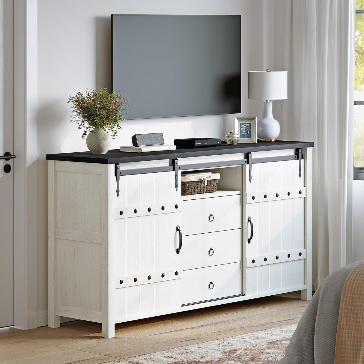 REAHOME Buffet Cabinet with Storage, 60" Sideboard Buffet Cabinet with Sliding Barn Doors & 3 Drawers, Farmhouse Wood Coffee Bar Cabinet Buffet Table for Kitchen, Dining Room,Living Room, White REAHOME