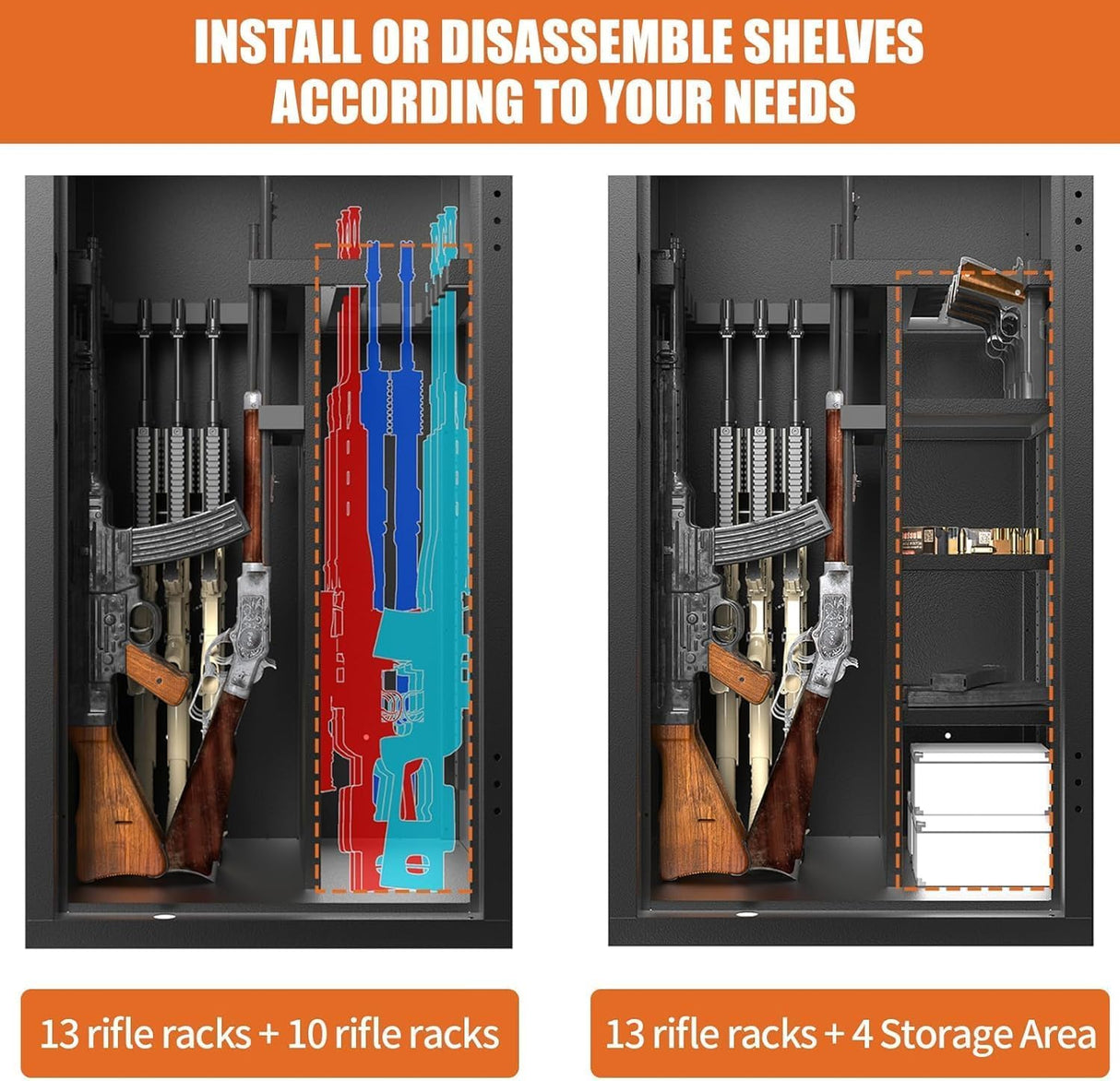 30 Gun Safe, Large Rifle Safe for Rifle and Shotgun/Rifle Pistol Rack/Storage Pocket/Removable Shelf/Silent Mode/External Battery/LED/Key,180° Open Door Panel Organizer Gun Cabinet Safe Unassembled TTSITG