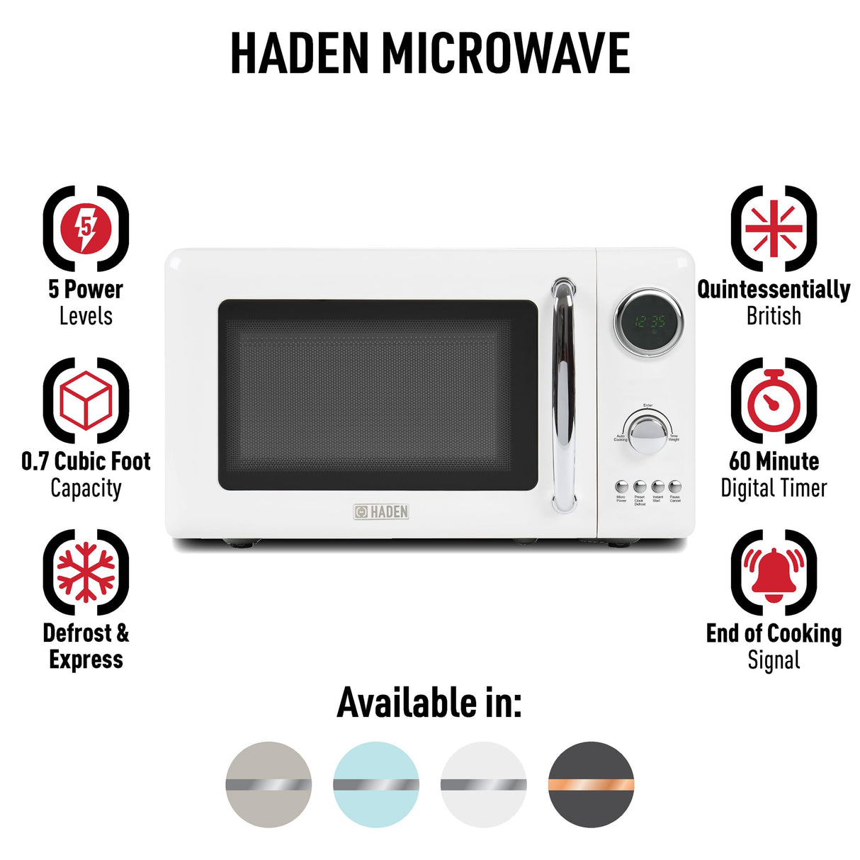 Haden 700 Watt 0.7 Cubic Foot Microwave Oven with Digital Controls, Defrost, and Instant Start Countertop Small Appliance, Ivory/Chrome HADEN