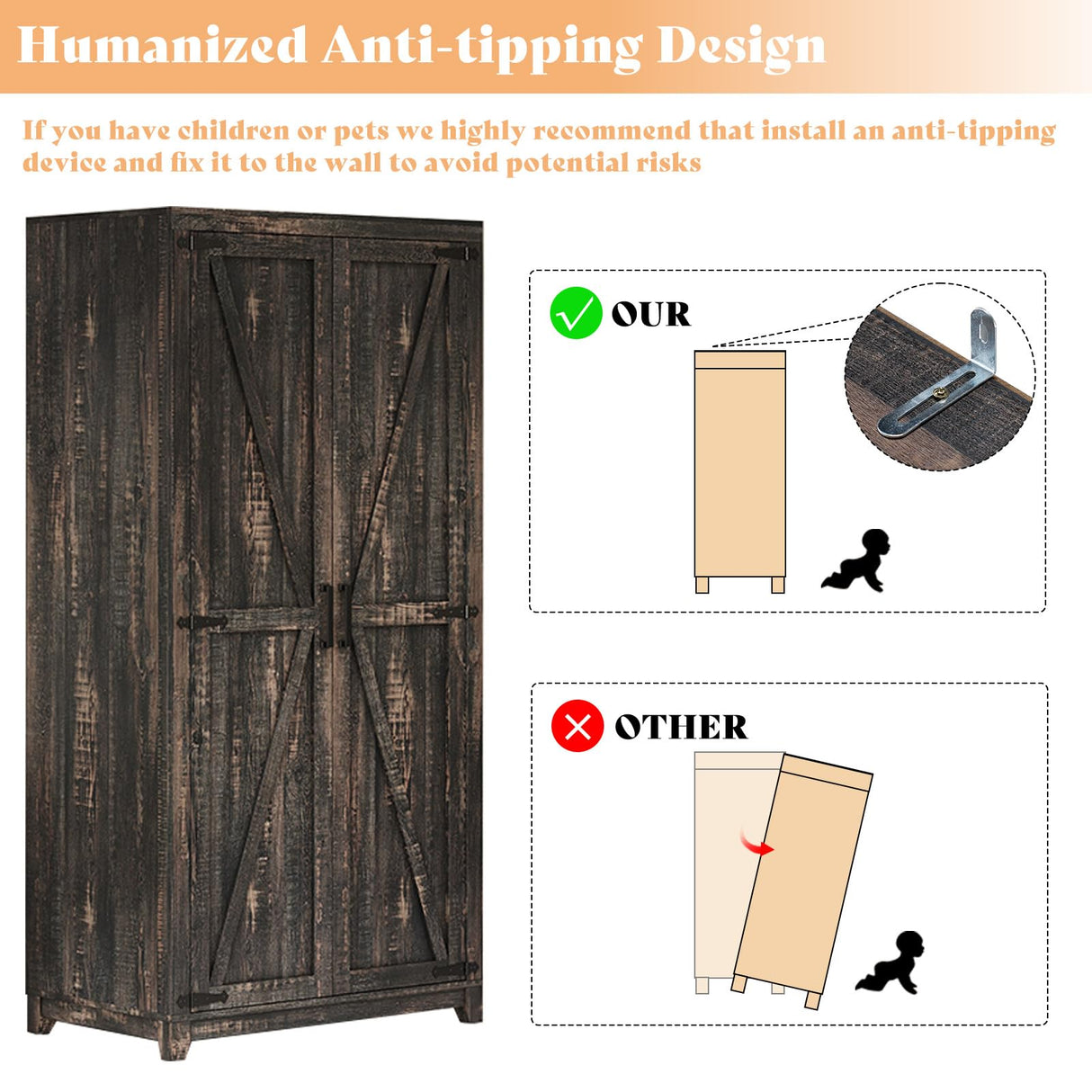 AMERLIFE Farmhouse Armoire Wardrobe Closet with 2 Barn Doors, 71'' Storage Cabinet with Hanging Rod & Shelf, Versatile Clothing Storage for Bedroom, Black Walnut AMERLIFE