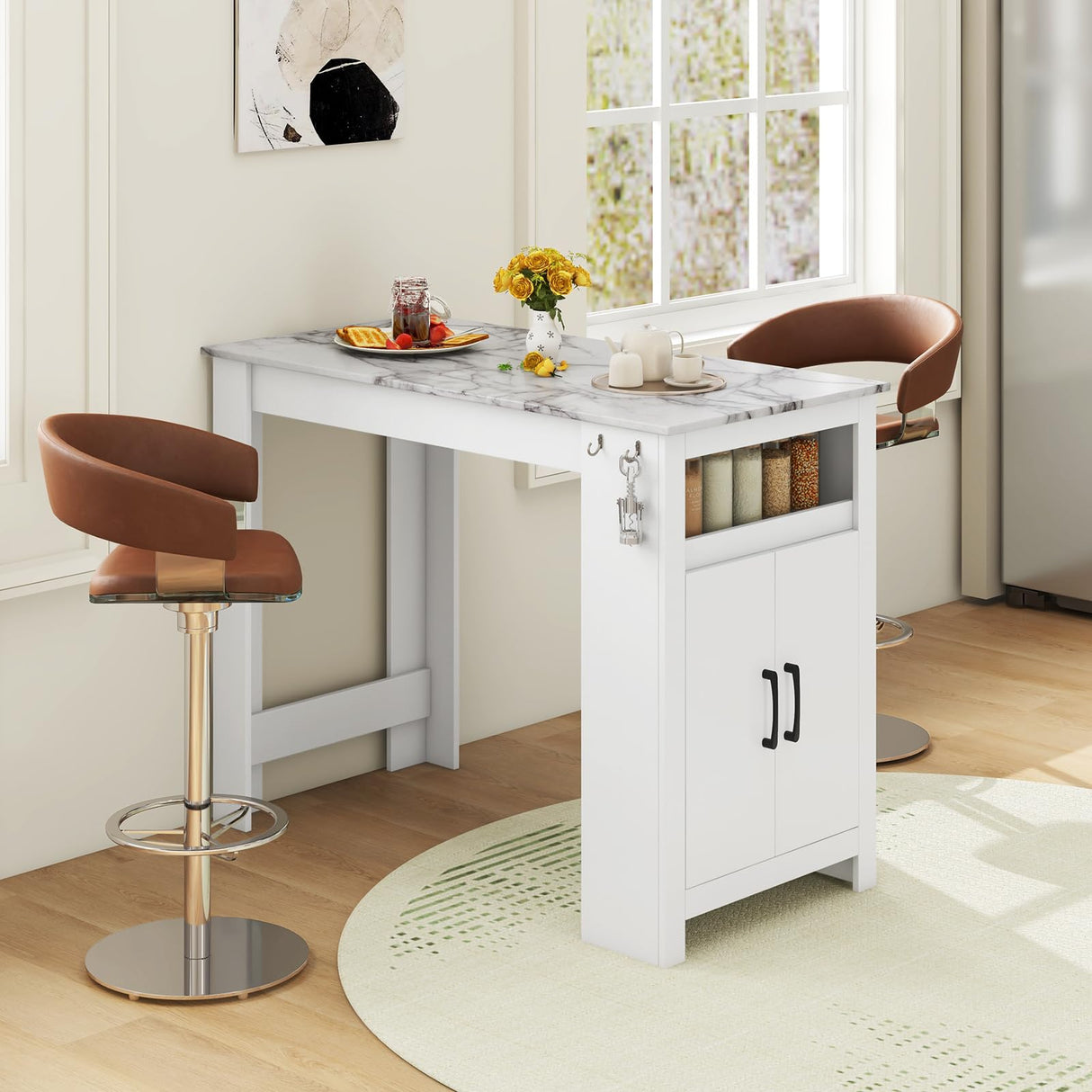 COSTWAY Bar Table, Modern Faux Marble Breakfast Table with 7 Hanging Hooks, Open Compartment, Storage Cabinet & Adjustable Shelf, Counter Height Dining Table for Kitchen, Dining Room, Living Room COSTWAY
