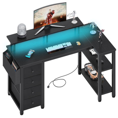 Lufeiya L Shaped Gaming Desk with Led Lights and Power Outlets, 47 Inch Writing Study Computer Desks with Fabric Drawers for Bedroom, Corner Home Office Desk with Monitor Stand Shelves, Black