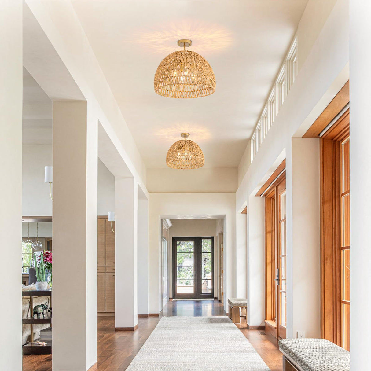 Rattan Ceiling Light Fixture, 4-Light Boho Semi Flush Mount Ceiling Light, 20" Wicker Light Fixture with Handmade Woven Cage Lampshade, Rattan Chandelier for Bedroom Hallway Nursery Kitchen Farmhouse Ledshaoyue