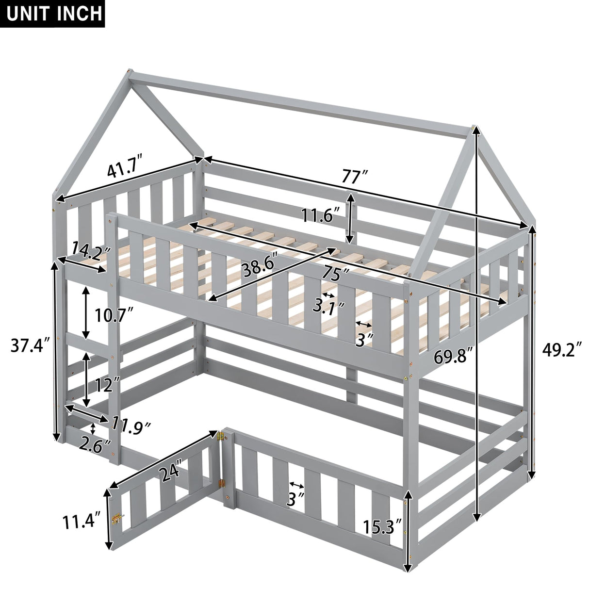 LZ LEISURE ZONE Grey Twin Over Twin Bunk Bed with House Design, Safety Fence, and Playful Door LZ LEISURE ZONE