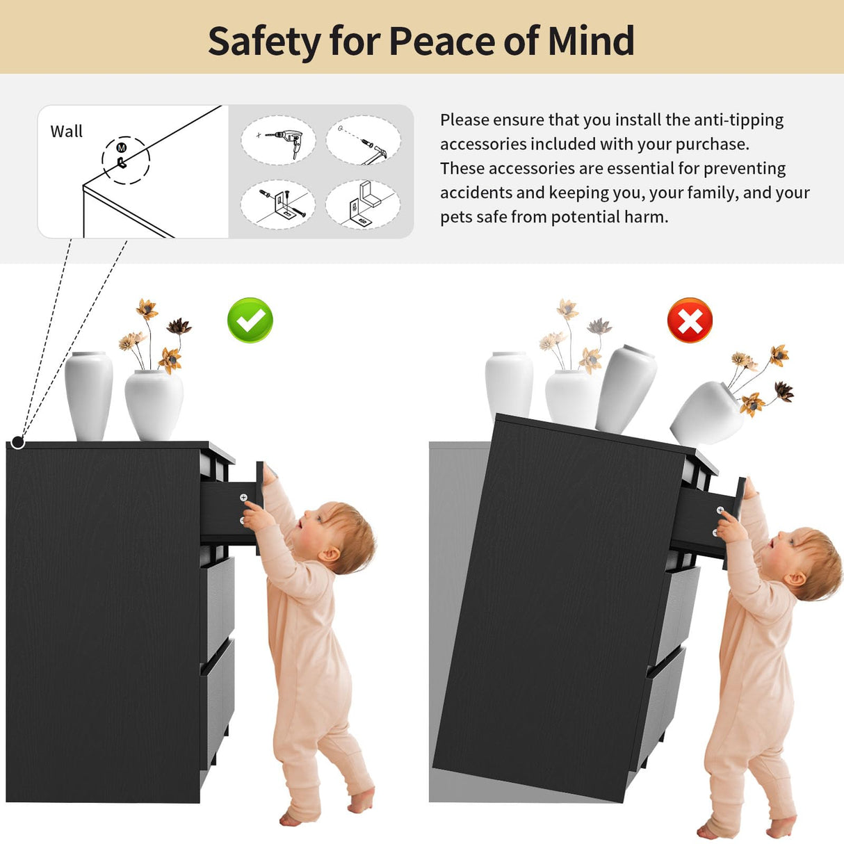 Modern 6 Drawer Dresser for Bedroom, 59'' Black Dresser, Wood Dresser with Handless Design, Thickened Back Panel, Stable & Sturdy Base, Double Drawer Long Dresser, Wide Chest of Drawers for Bedroom Angel Sar