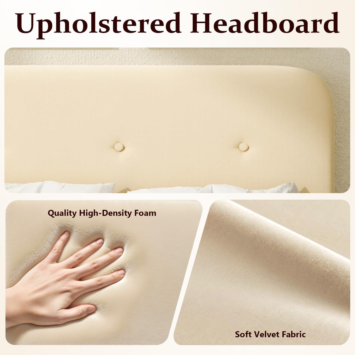 Queen Size Platform Bed Frame with Velvet Upholstered Headboard, Button Tufted Headboard and Footboard, Anti-Collision Soft Rounded Corners, No Box Spring Needed, Easy Assembly, Beige viplov