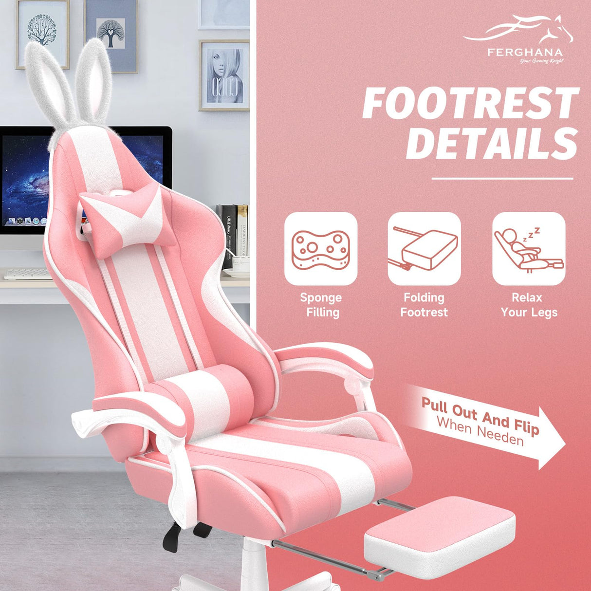 Ferghana Kawaii Pink Gaming Chair with Bunny Ears, Ergonomic Cute Gamer Chair with Footrest and Massage, Racing Reclining Home Computer Game Chair for Girls Adults Teens Kids Ferghana