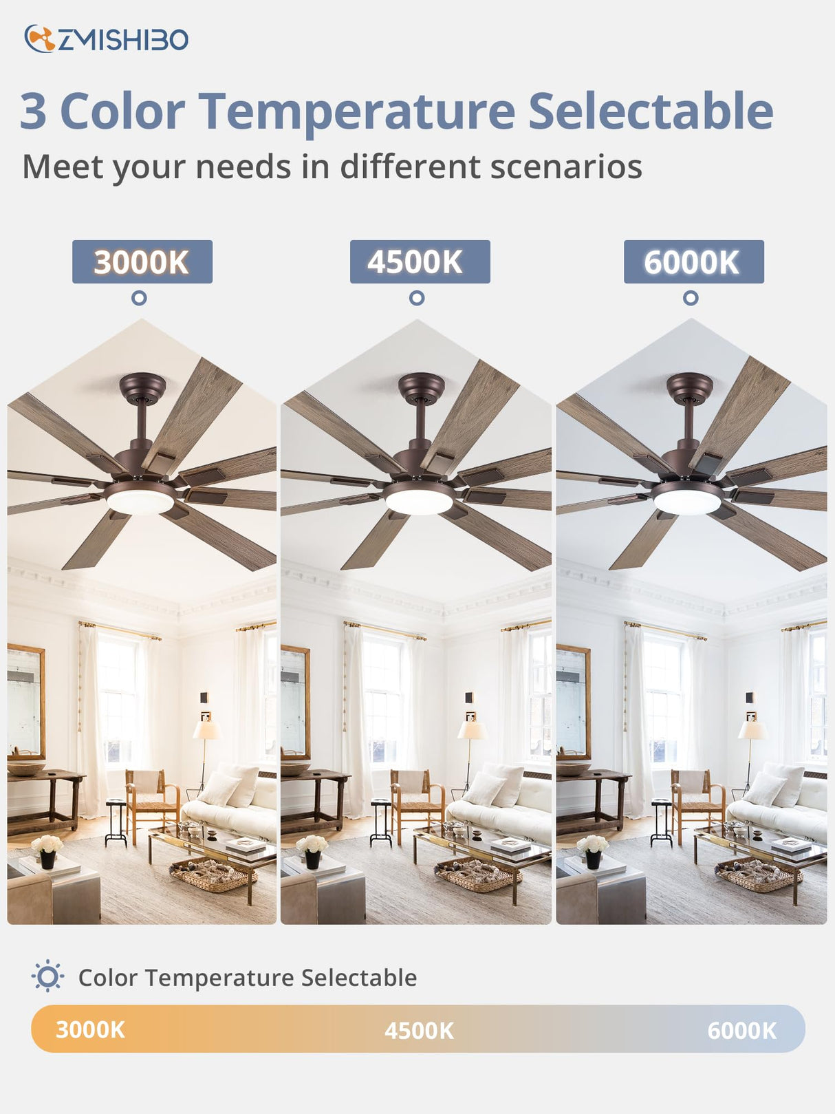 ZMISHIBO 72 inch Oil Rubbed Bronze Ceiling Fans with Lights and Remote, Indoor/Outdoor Farmhouse Ceiling Fan for Living Room Patio, 6 Speed Reversible Quiet DC Motor, 3CCT, Dual Finish Blades ZMISHIBO