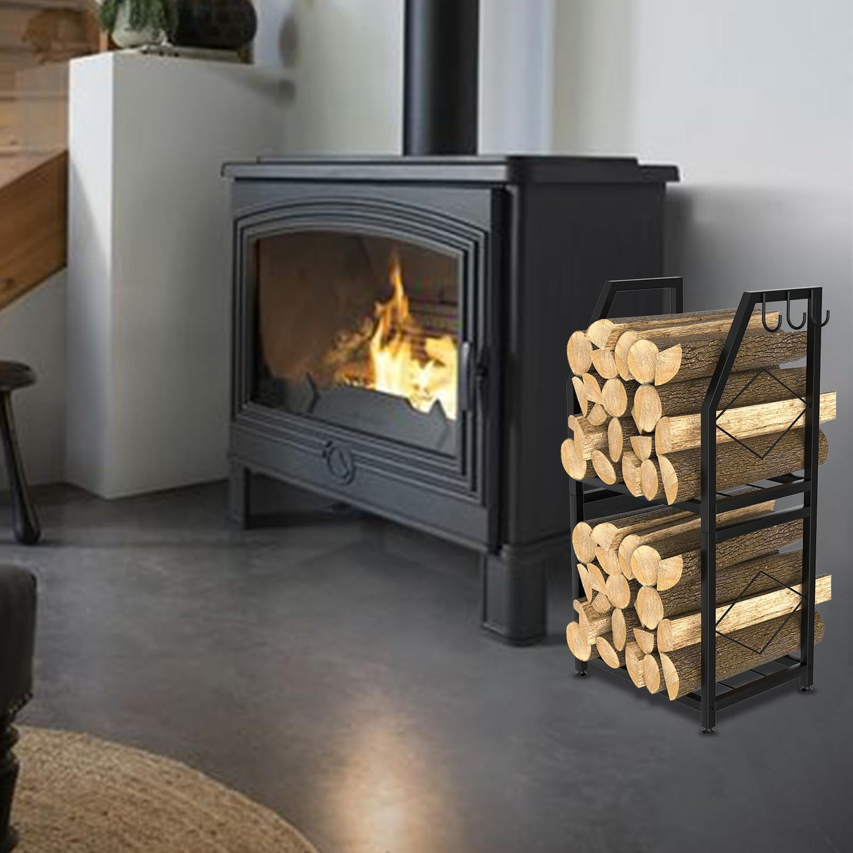 VyGrow Firewood Rack for Indoor, 2-Tier Firewood Holder with 3 Hanging Hooks, Heavy Duty Wood Rack for Outdoor Patio, Black, 11.8" D x 15.7" W x 31.9" H VyGrow