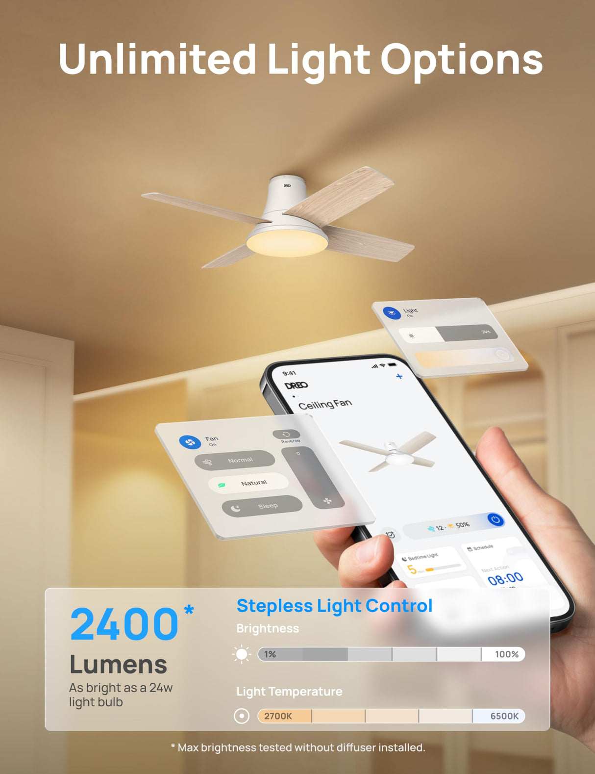 Dreo Ceiling Fans with Lights, 12 Speeds & 3 Fan Modes, Quiet DC Motor, Low Profile Easy to Install, Flush Mount Smart Ceiling Fan with Dimmable LED, 12H Timer for Bedroom, Remote, White, 44'' Dreo