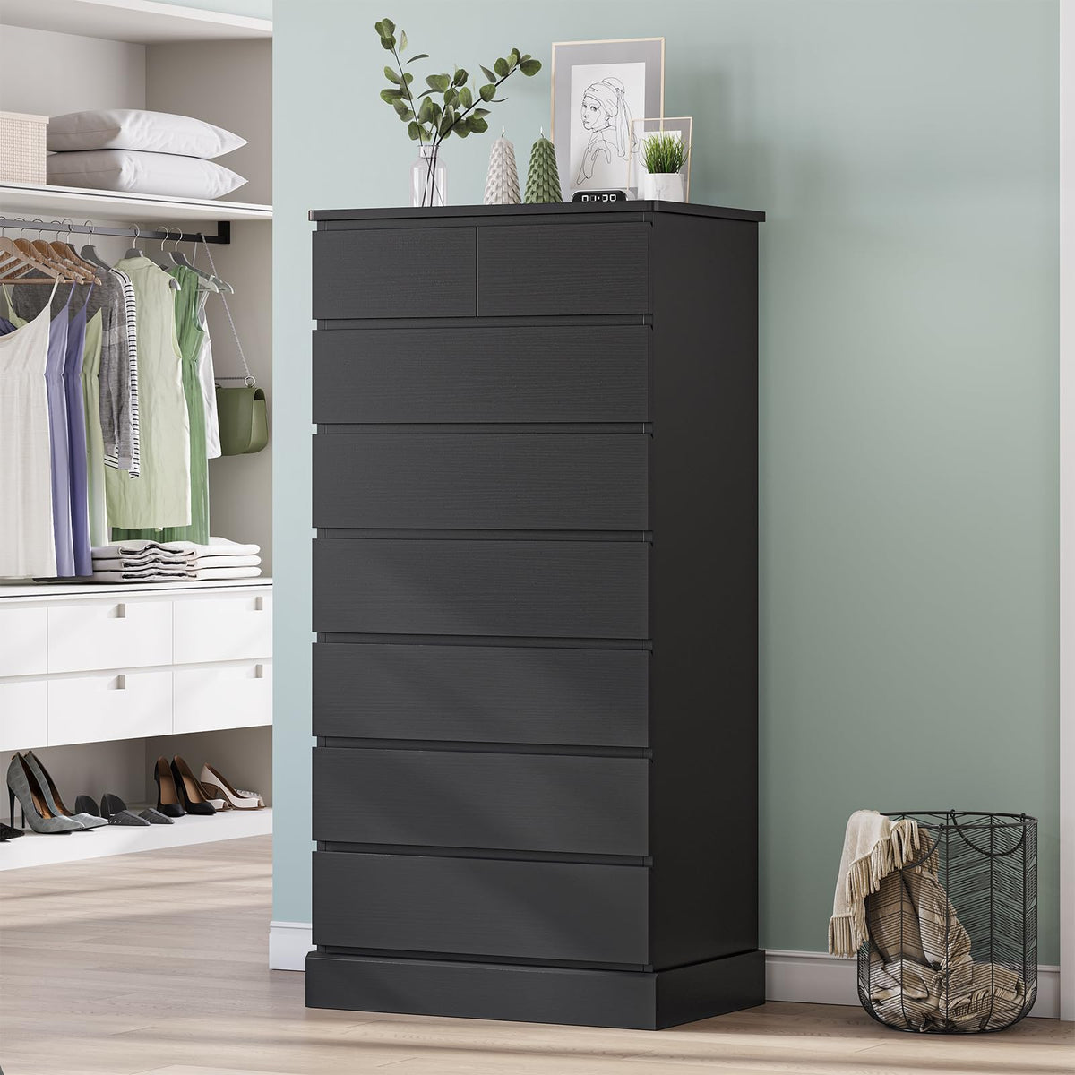 DICTAC Black Tall Dresser for Bedroom with 8 Drawers, 59.6