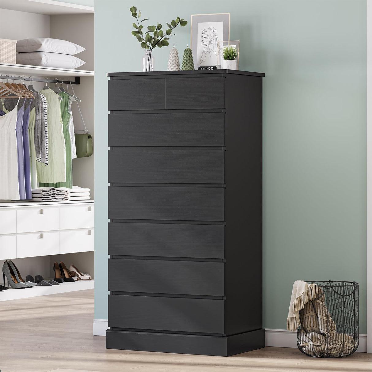 DICTAC Black Tall Dresser for Bedroom with 8 Drawers, 59.6" Tall Dressers & Chests of Drawers, Modern Wood Closet Organizer and Storage Cabinet, Large Vertical Dresser for Bedroom, Closet, Hallway DICTAC