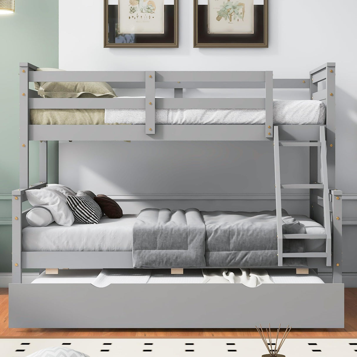Merax Twin Over Full Bunk Bed with Trundle, Ladder & Safety Guardrail, Wooden Bunk Bed Frame for Kids Adults Teens Bedroom, Convertible to 2 Separated Beds, No Box Spring Needed, Easy Assembly, Grey Merax