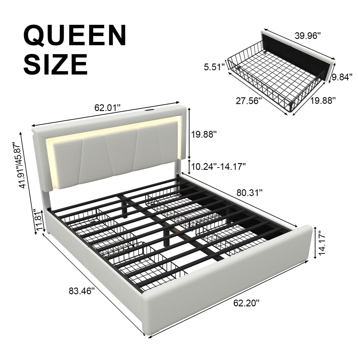Queen Size Bed Frame with 4 Storage Drawers and LED Lights, Upholstered Platform Bed with Adjustable Headboard and Charging Station, Metal Slats Support, No Box Spring Needed,Easy Assembly, White E-Motie
