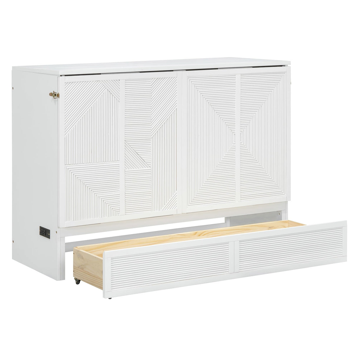 HABITRIO Full Size Murphy Bed, Wood Full Murphy Bed Frame with Large Drawer, USB Ports and Outlets, White HABITRIO