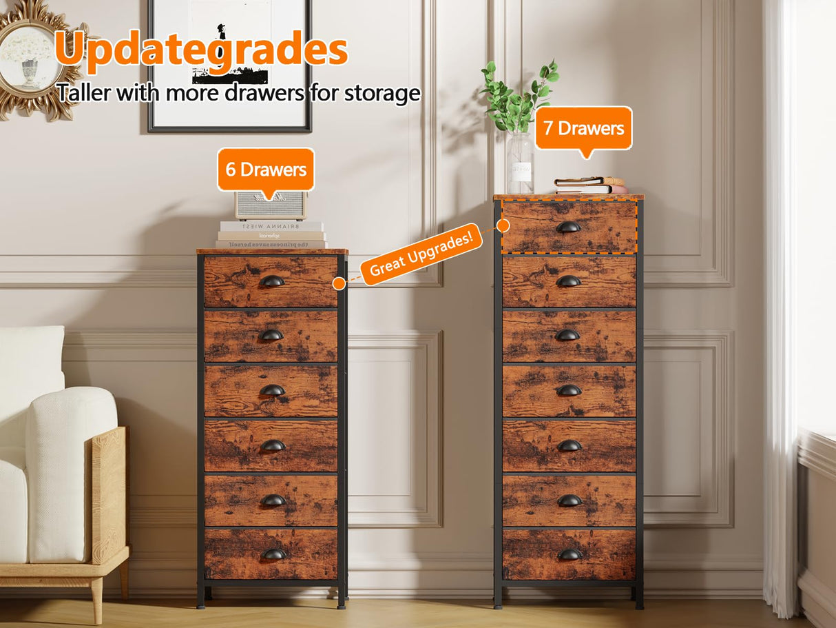 Furnulem Dresser with 7 Drawers,Tall Chest of Drawers Industrial Fabric Dresser for Bedroom,Vertical Storage Tower Bedside Furniture in Living Room,Closet,Entryway-Sturdy Steel Frame(Rustic Brown) Furnulem