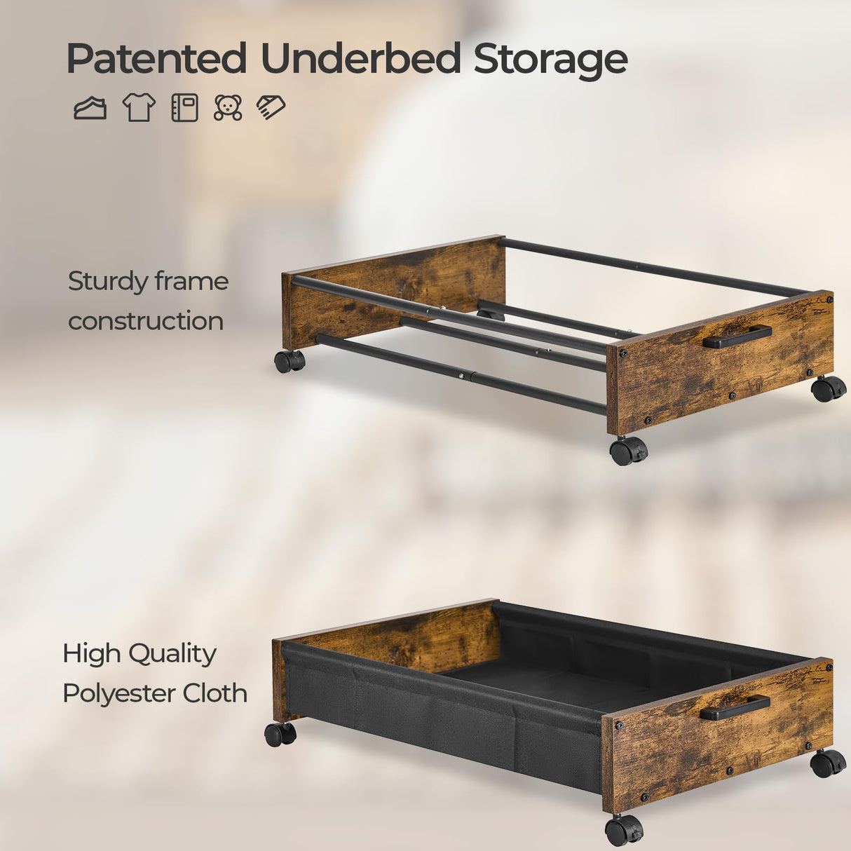 FOUCSSOMEI Under Bed Storage with Wheels, Heavy Duty Storage Containers, Toy Box, Longer Size 31.5", Wooden Under Bed Organizer Drawers, Metal Frame, for Clothes Books Blankets, Patented Design FOUCSSOMEI