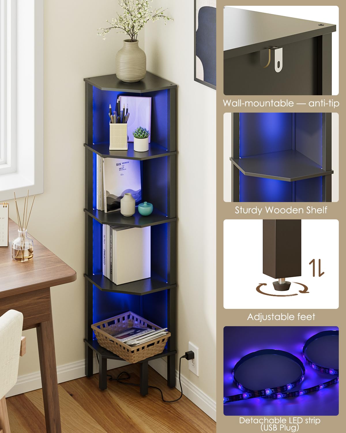 Acodaiuy Corner Shelf, 5 Tier Corner Bookshelf with LED Light,Wall Display Corner Shelf Stand with Storage Rack for Living Room,Bedroom,Office,Black Acodaiuy