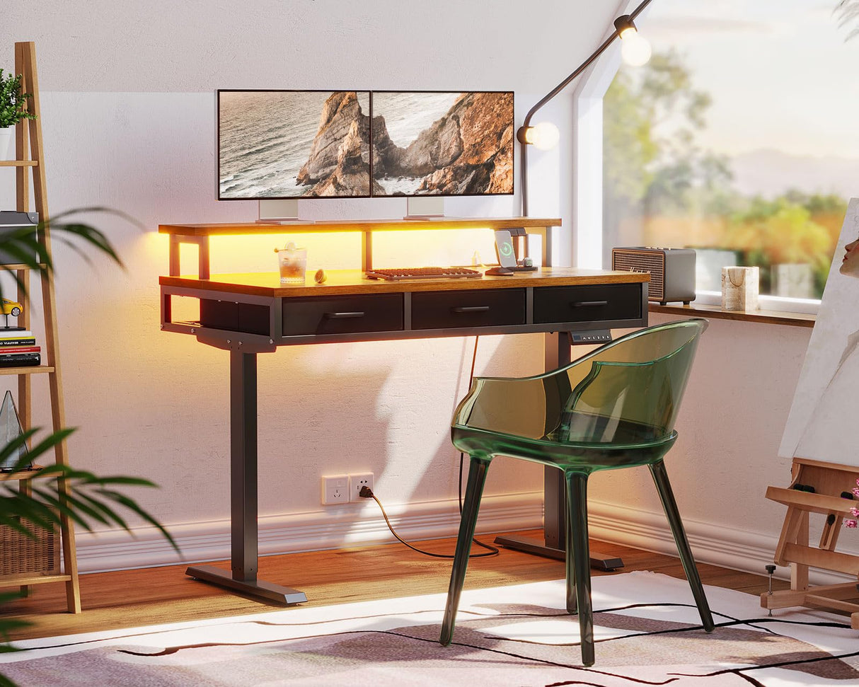 AODK 47 Inch Electric Standing Desk with 3 Drawers, Brown, Height Adjustable Desk with Power Outlets & LED Lights, Stand Up Desk with Monitor Shelf, Sit Stand Desk Computer Workstation AODK
