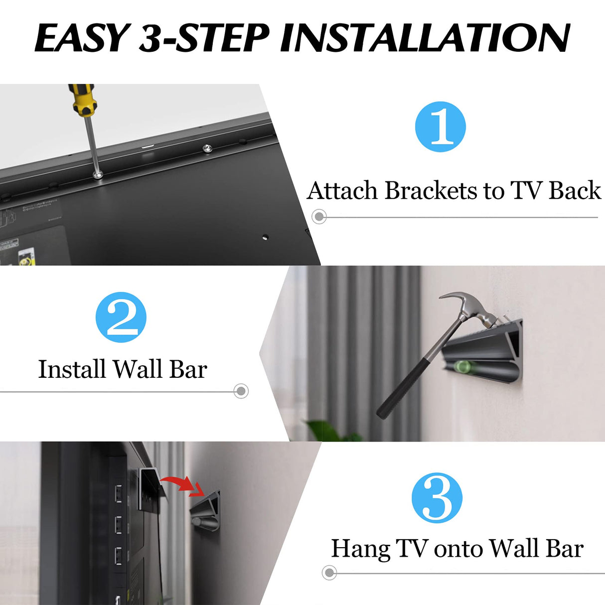 No Stud TV Wall Mount, Drywall Studless TV Hanger No Damage, No Drill, Non Screws, Flat Screen Easy Install Bar Bracket fits VESA 12-55 inch TVs up to 99 lbs, Include Hardware Levels Auoace