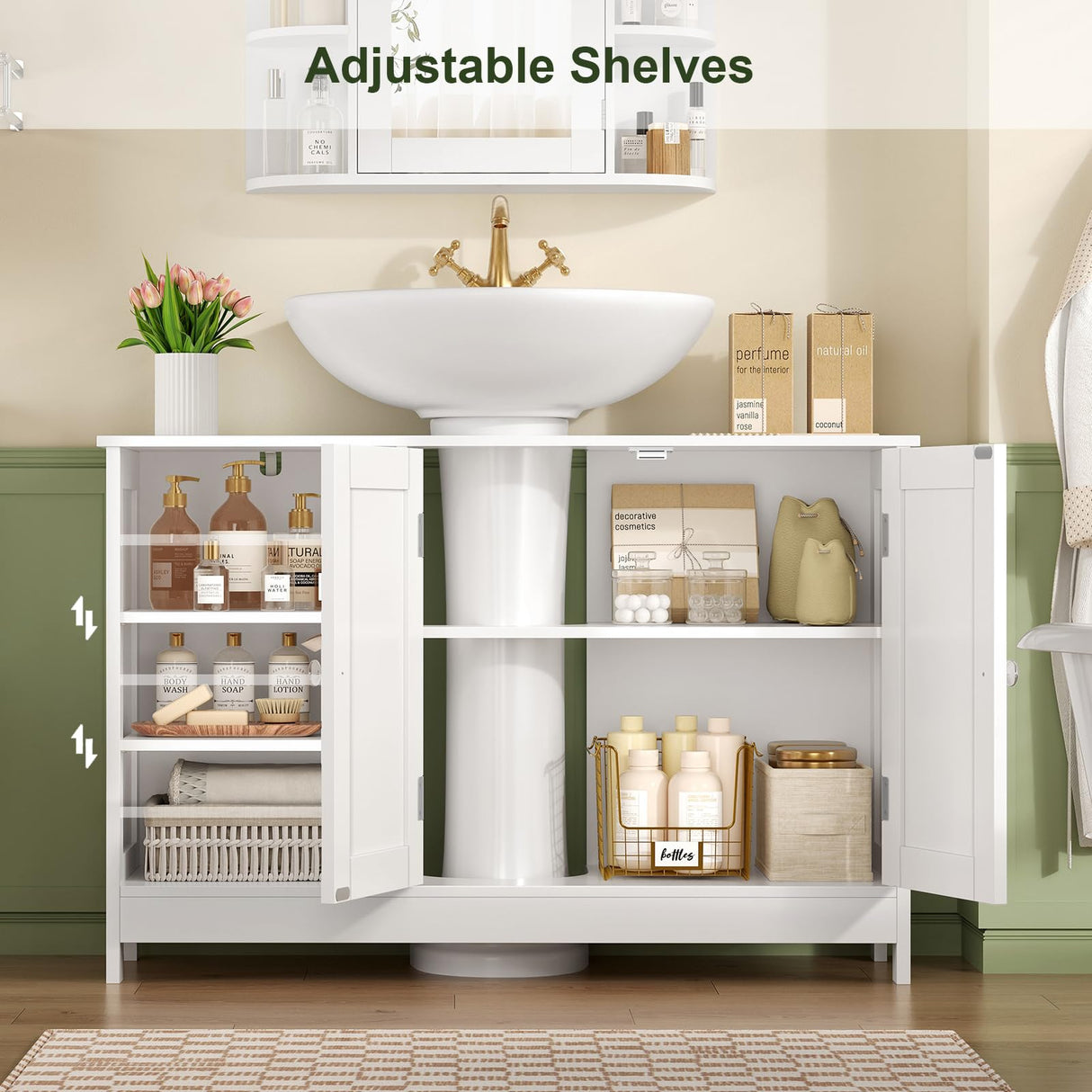 TEENFON 35.4" Pedestal Sink Storage Cabinet with 2 Doors and Adjustable Shelves, Bathroom Sink Cabinet, Under Sink Storage with U-Shape Cut-Out, White TEENFON